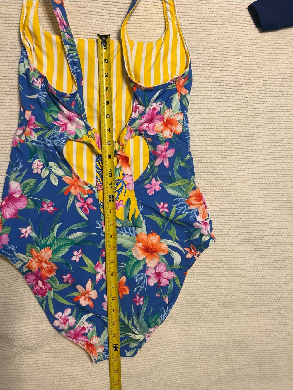 Tommy Bahama Blue Floral One-Piece with Yellow Stripe Accents